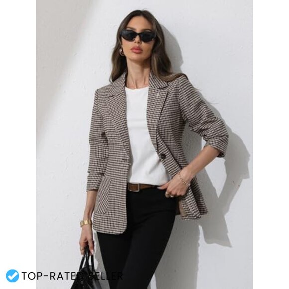 Plaid Blazer with Embroidered Collar Houndstooth Business Casual Office Jacket - Picture 3 of 7